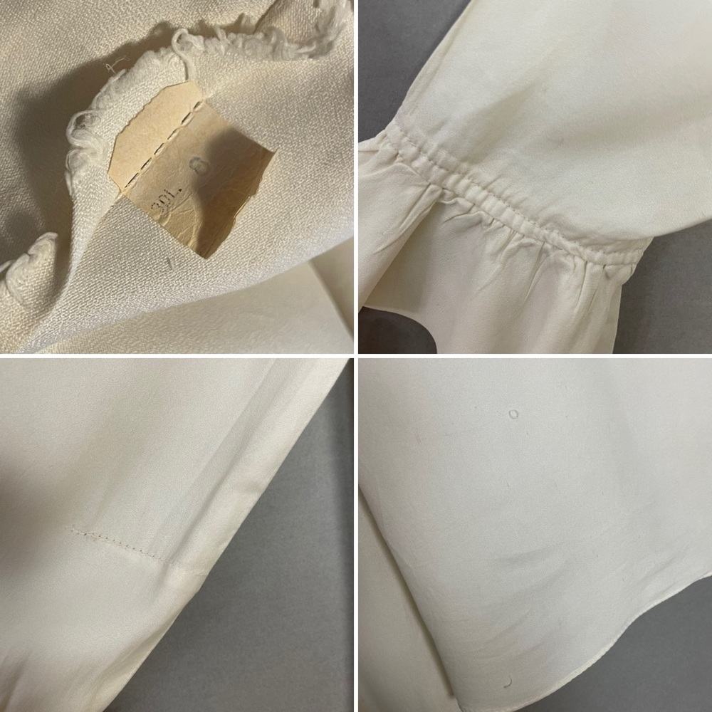 Vintage Blouse Ruffle Neckline Cuffs FLAWS Off-White‎ Cream Button-Up Top Twee - Picture 6 of 13
